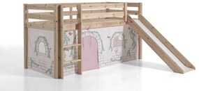 Conjunto Cama alta de Criança PINO 90 x 200 cm + estrado + escada + escorrega + cortina Pássaros Natural