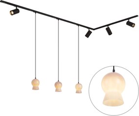 Sistema de calhas moderno preto com 4 focos e 3 candeeiros pendentes brancos monofásico - Iconic Bell Jeana Luxe
