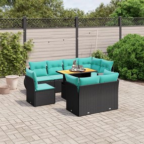 vidaXL 9 pcs conjunto de sofás p/ jardim c/ almofadões vime PE preto