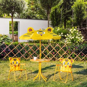 Conjunto de mobiliário de jardim infantil de 4 peças com design de tigre - Mesa redonda + 2 cadeiras dobráveis + guarda-sol amarelo