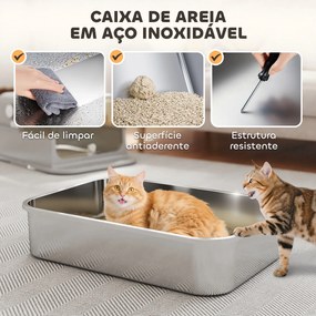 Caixa de Areia para Gatos em Aço Inoxidável para Gatos Grandes com Tampa Basculante Laterais Altas 70x50x46,5 cm Cinzento