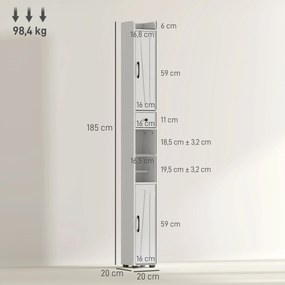 Coluna Casa de Banho com Compartimento Aberto Prateleiras Ajustáveis e Suporte para Papel Higiênico 20x20x185 cm Branco