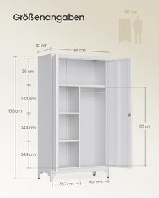 Armário arrumação multifuncional com 2 portas e 5 compartimentos, 80 x 40 x 165 cm, cinzento mate
