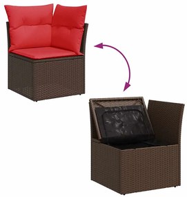 8 pcs conjunto sofás de jardim c/ almofadões vime PE castanho