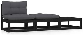 3pcs conjunto lounge de jardim c/ almofadões pinho maciço preto