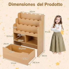 Estante Infantil para Brinquedos, 30 x 60 x 91 cm, Gaveta Removível com Rodas, Natural
