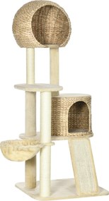 PawHut Árvore Arranhador para Gatos com 2 Tocas Sisal Natural Plataforma e Hamâc 60x60x150 cm Bege | Aosom Portugal