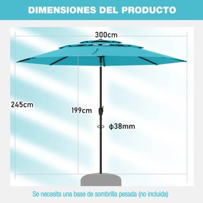 Guarda-sol ventilado de 3 níveis com botão de inclinação, manivela, 8 varas resistentes, 300 x 300 x 245 cm, turquesa