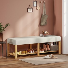 Banco Sapateira com Assento Acolchoado para 2 Pessoas Prateleira Aberta Estrutura de Madeira 140x44x48 cm Creme e Madeira