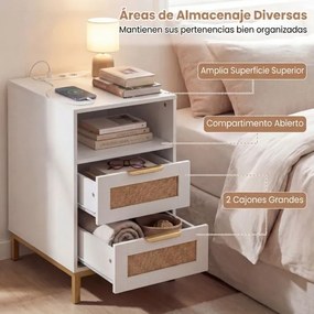 Mesa de cabeceira, Mesa apoio 60 x 35 x 61 cm em rattan com estação de carregamento e 2 gavetas estilo boho branco e dourado