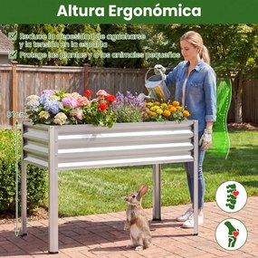 Floreira Elevada de Metal 112 x 55 x 81 cm com Revestimento Eletroforético e Drenagem para Legumes, Flores e Frutas - Prateada