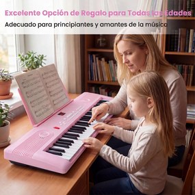 Teclado de piano portátil de 61 teclas com suporte para partituras, microfone, autocolantes de notas e bolsa – 58 x 18 x 5 cm – Rosa