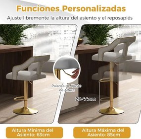 Conjunto de 2 bancos de bar giratório ajustável com apoio para os pés Base metálica tipo holandeses em veludo Cinzento e dourado