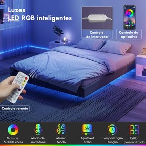 Cama 160x200 cm (COLCHÃO NÃO INCLUIDO) com Luzes LED Estofada em Linho Ripas de Madeira Silenciosa Fácil de Montar Cinzento