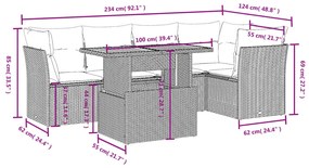 5 pcs conjunto sofás de jardim c/ almofadões vime PE cinzento