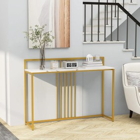 Mesa Consola de entrada com superfície em mármore artificial e estrutura em metal dourado 120 x 32 x 89 cm Branco + Dourado