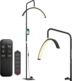 Candeeiro de Pé Meia Lua com Cabeça Giratória 350° 7 Temperaturas de Cor Brilho Ajustável Suporte para Telemóvel Preto