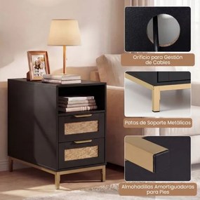 Conjunto de 2 mesas de cabeceira em rattan 60 x 35 x 61 cm com estação de carregamento e 2 gavetas estilo boho com armazenamento aberto preto e dourad