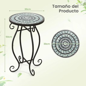 Mesa de apoio jardim em mosaico Mesa redonda de exterior com tampo de cerâmica para plantas para varanda, pátio, jardim 30 x 30 x 50 cm Turquesa