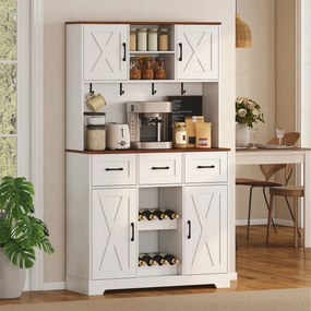 Amário de Cozinha Alto com Suporte para 8 Garrafas 4 Portas 3 Gavetas Prateleiras Abertas100x38x172 cm Branco
