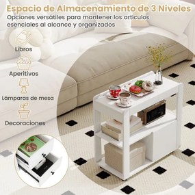 Mesa Lateral para Sofá ou Mesa de Cabeceira 65 x 30 x 62 cm com 2 Gavetas e Prateleiras Abertas com Rodas para Sala Branco