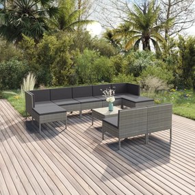 10 pcs conjunto lounge de jardim c/ almofadões vime PE cinzento