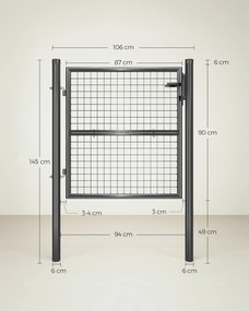 Portão de jardim em aço galvanizado, com fechadura 106 x 6 x 150 cm cinzento