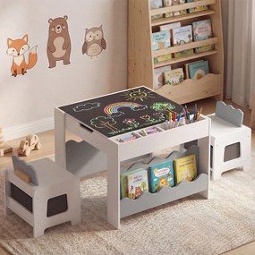 Conjunto de Mesa Infantil e 2 Cadeiras, 66 x 64 x 48 cm, Tampo Reversível, Cinzento