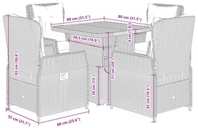 5 pcs conjunto de jantar p/ jardim c/ almofadões vime PE cinza