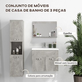 Conjunto de Móveis Casa de Banho 3 Peças com Espelho Móvel com Lavatório Cerâmico e Coluna de Casa de Banho Cinza