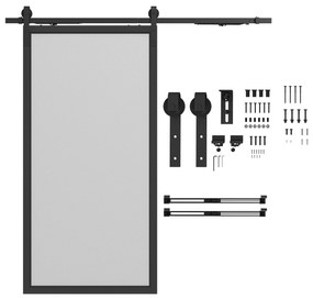 Kit de Ferragens 200cm para Porta Deslizante de Celeiro com Amortecedor Sem Perfuração e 2 Trilhos Preto