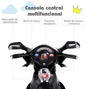 Moto eléctrica para crianças com bateria 6 V com 3 rodas Música incorporada, luzes, velocidade para a frente e marcha-atrás Preto