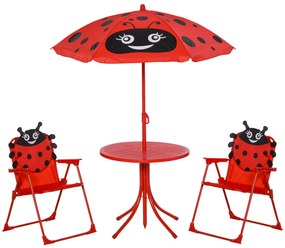 Outsunny Conjunto Mesa Cadeira Jardim Infantil Dobrável Chapéu Sol Desenho Joaninha Vermelho 100-125cm | Aosom Portugal