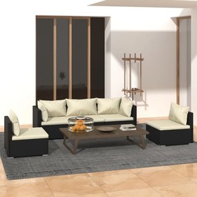 5 pcs conjunto lounge de jardim c/ almofadões vime PE preto