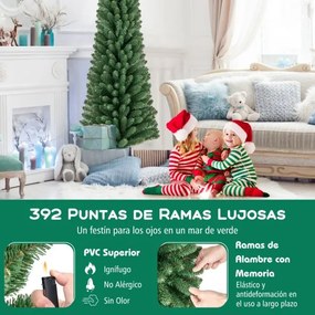 Árvore de Natal Artificial 180 CM  forma Lápis com 392 pontas de ramos Base de fio de memória Base de metal Decoração de árvore fina Verde