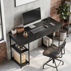 Secretária com espaço de arrumação e tomadas elétricas, 3 gavetas em tecido e 4 prateleiras, 120 x 40 x 76 cm, preta