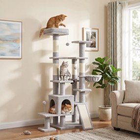 Árvore Arranhadora para Gatos 152 cm Multinível com Casinha Rede Cama Escada Arranhadora 4 Postes de Sisal e Bolas Cinza Claro