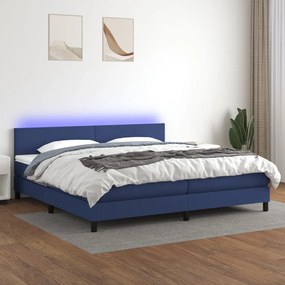 Cama box spring c/ colchão e LED 200x200 cm tecido azul