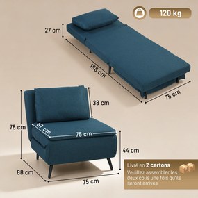 Poltrona-cama de 1 lugar, poltrona-cama 3 em 1 com encosto ajustável, almofada, assento largo, azul