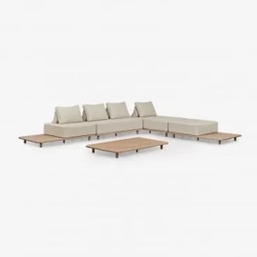 Conjunto De Sala Com Sofá Modular Chaise Longue De 4 Peças Com Mesa Auxiliar E Mesa De Centro 160x95 Cm Em Acácia Portet Marrom Acácia Claro - Sklum
