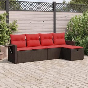 5 pcs conjunto sofás p/ jardim c/ almofadões vime PE castanho