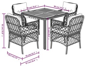 5 pcs conjunto de jantar p/ jardim c/ almofadões vime PE cinza