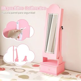 Armário para joias infantil 34 x 30 x 113 cm com espelho de corpo inteiro e 2 ângulos ajustáveis, 4 luzes internas, para meninas rosa