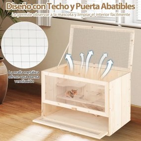 Gaiola de madeira para hamsters com tampa de malha rebatível, várias áreas para escalar, rampa, painel acrílico, porta com fechadura castanha