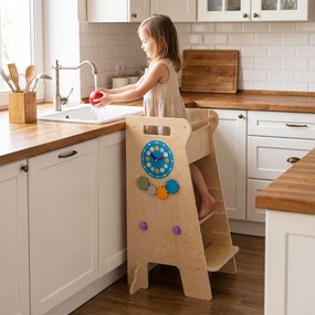 (REVISÃO) Torre de Aprendizagem Infantil Montessori 4 em 1, 57 x 52 x 90 cm, Altura Ajustável, Natural