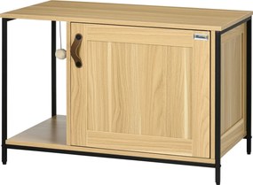 Móvel para Casa de areia para gatos (NÂO INCLUIDA) com porta lateral, bola suspensa e estrutura em aço com acabamento em madeira clara