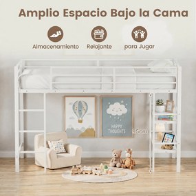 Cama Alta Infantil com Estantes para Arrumação, 196 x 96 x 126 cm (COLCHÃO NÃO INCLUIDO), Estrutura Metálica Reforçada, Branco