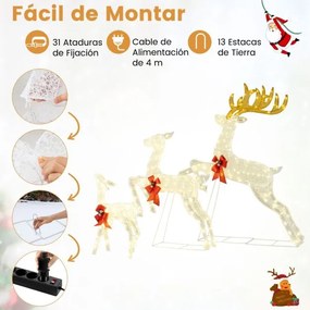 Conjunto de 3 renas natal iluminados Família de renas saltitantes com laços vermelhos 330 luzes LED quentes com Estacas brancas
