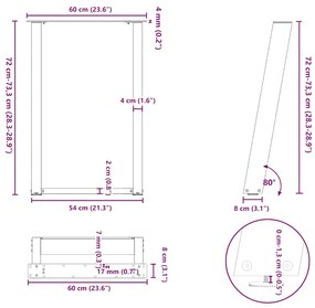 Pés para mesa de jantar em formato de U, 2 peças, aço natural, 60x(72-