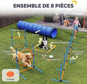 Conjunto de agilidade para cães  350 x 68 x 70 cm de 8 peças com túnel, slaloms, obstáculos ajustáveis e saco de transporte laranja, azul